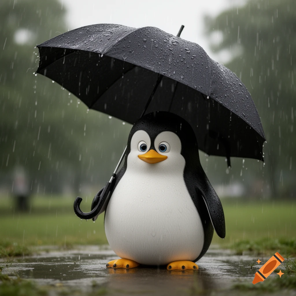 A cute, stylized penguin character resembling Tux holds a black umbrella in the rain on wet, grassy ground.