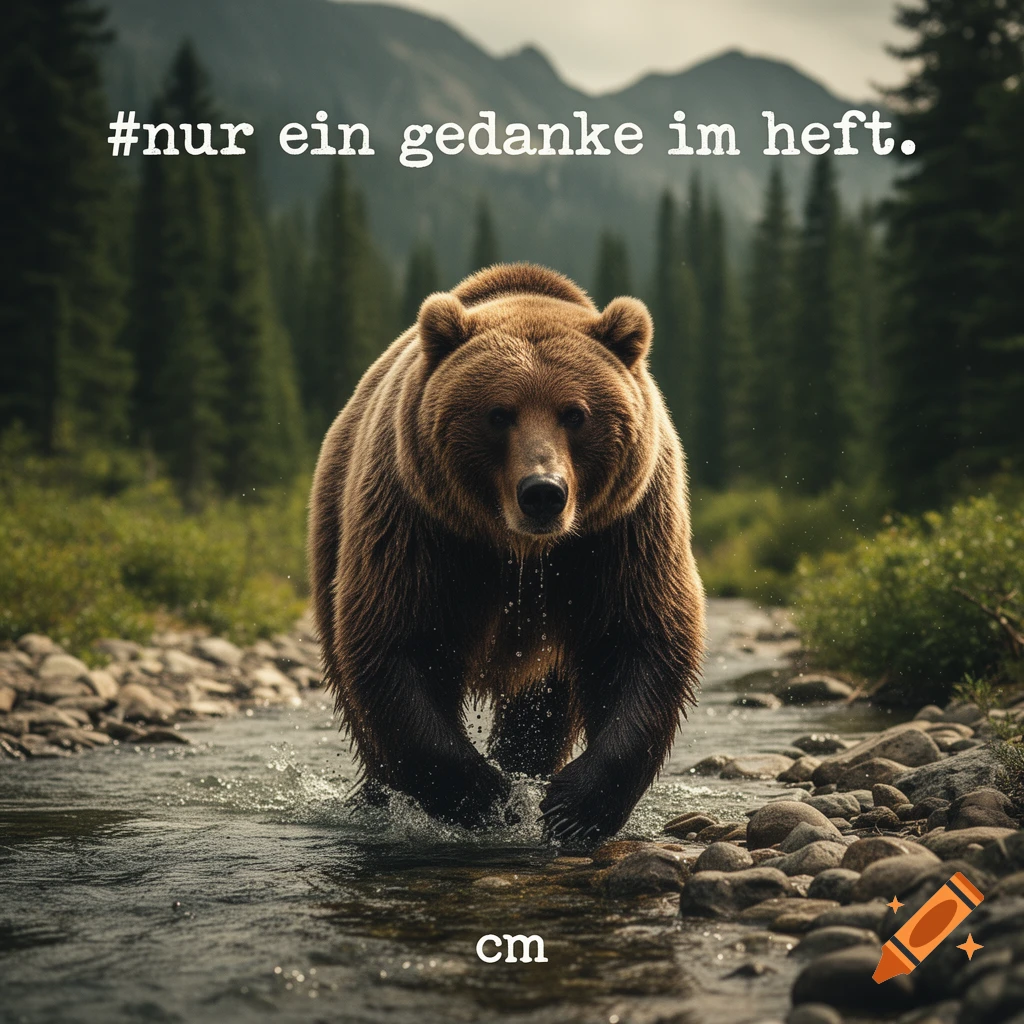 A photorealistic grizzly bear wades through a rocky stream in a forest, with text '#nur ein gedanke im heft.' and 'cm'.