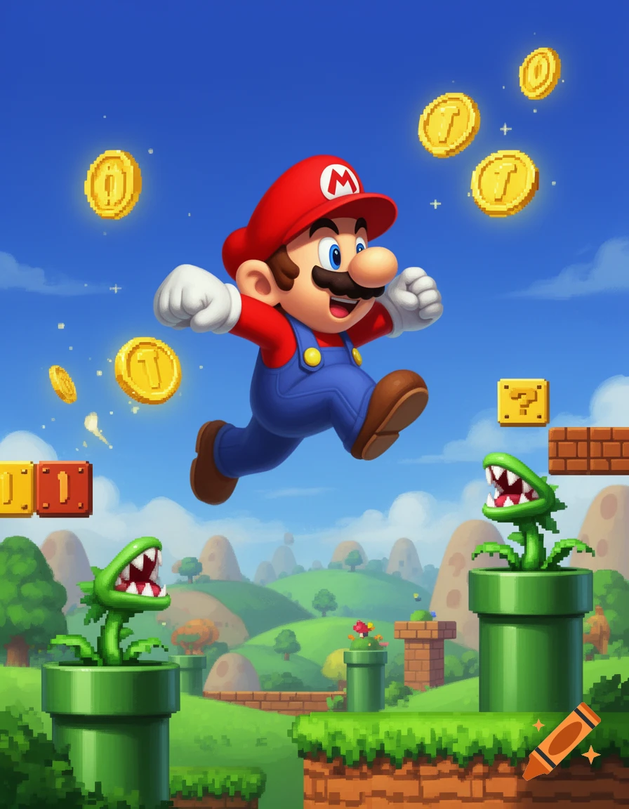 Super Mario jumps in a vibrant landscape with floating coins and pixelated piranha plants in green pipes under a blue sky.