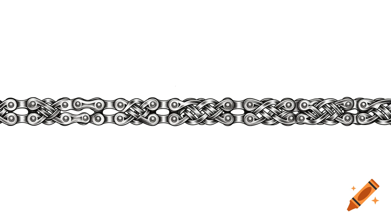 A seamless black and white Celtic knot pattern intricately woven from metallic bicycle chains, against a white background.