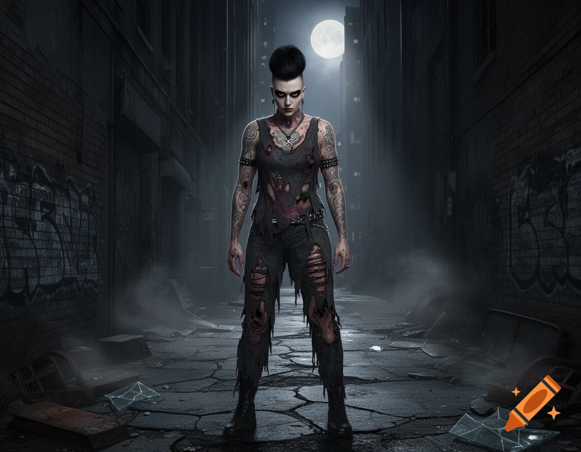 A tall, muscular, tattooed female punk gothic zombie stands in a dark, misty post-apocalyptic alley under a full moon.