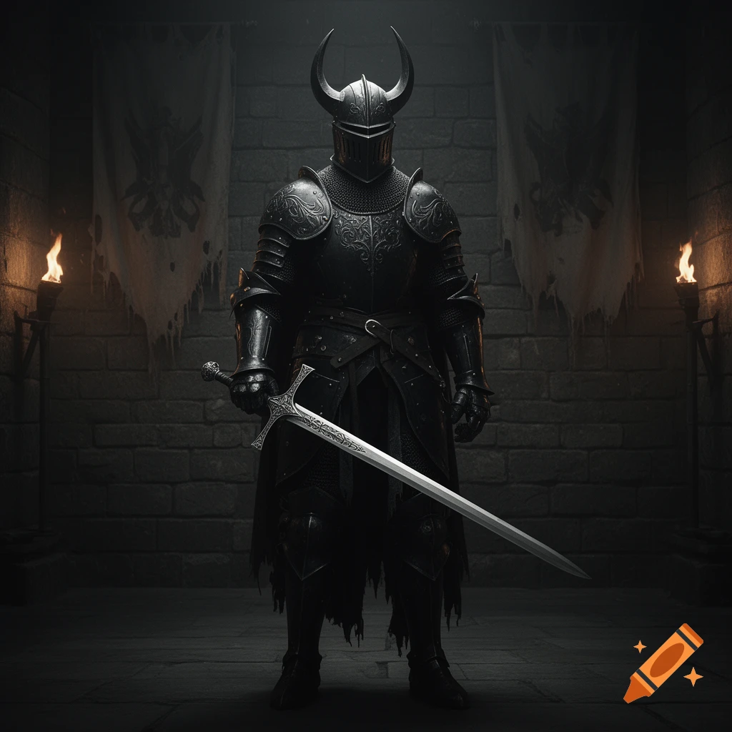 A dark knight in horned armor holds a sword in a dimly lit stone dungeon with torches.