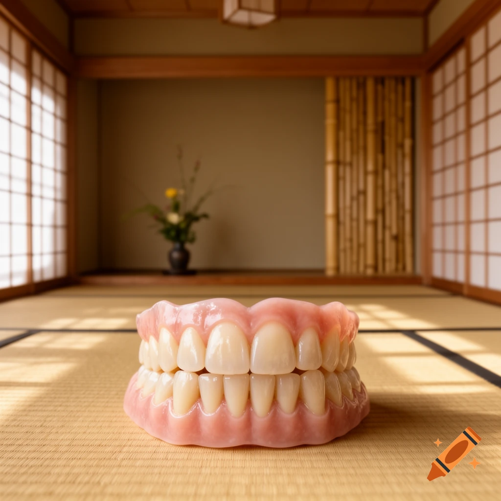 A full set of dentures resting on a tatami mat in a traditional Japanese room with shoji screens.