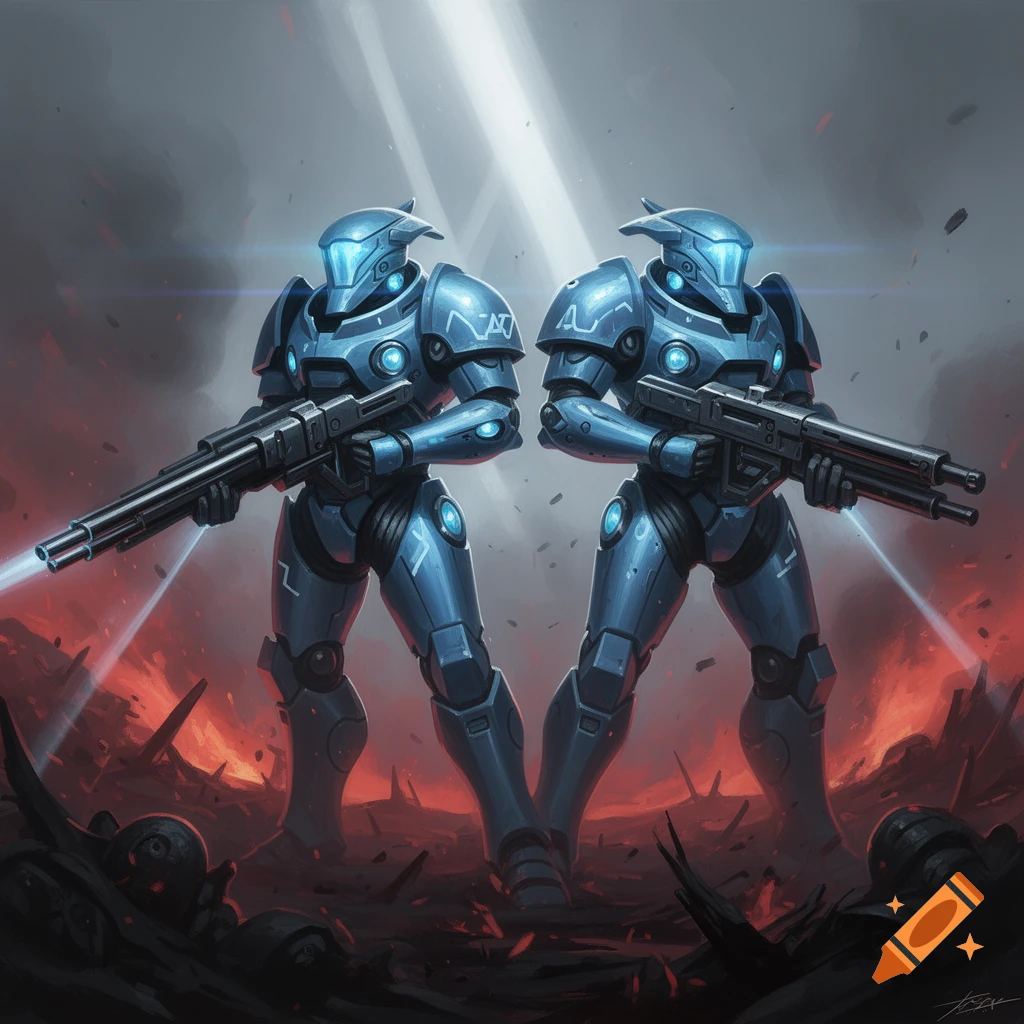 Two blue futuristic armored soldiers with rifles stand on a fiery battlefield, digital artwork.