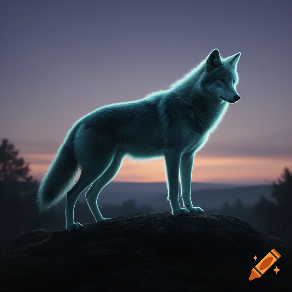 A glowing blue wolf stands majestically on a dark rock against a twilight sky with purple and orange hues.