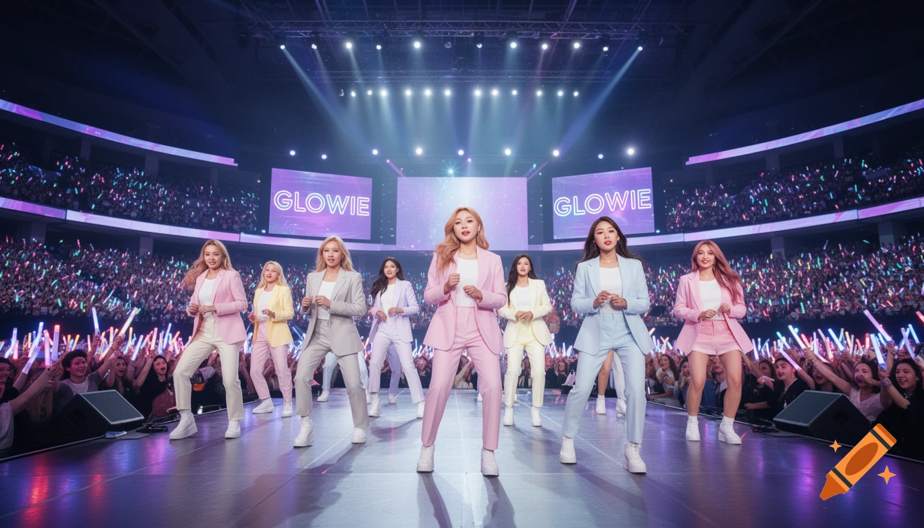 A K-pop group performs on stage in a large arena, wearing pastel suits, with cheering fans holding light sticks.