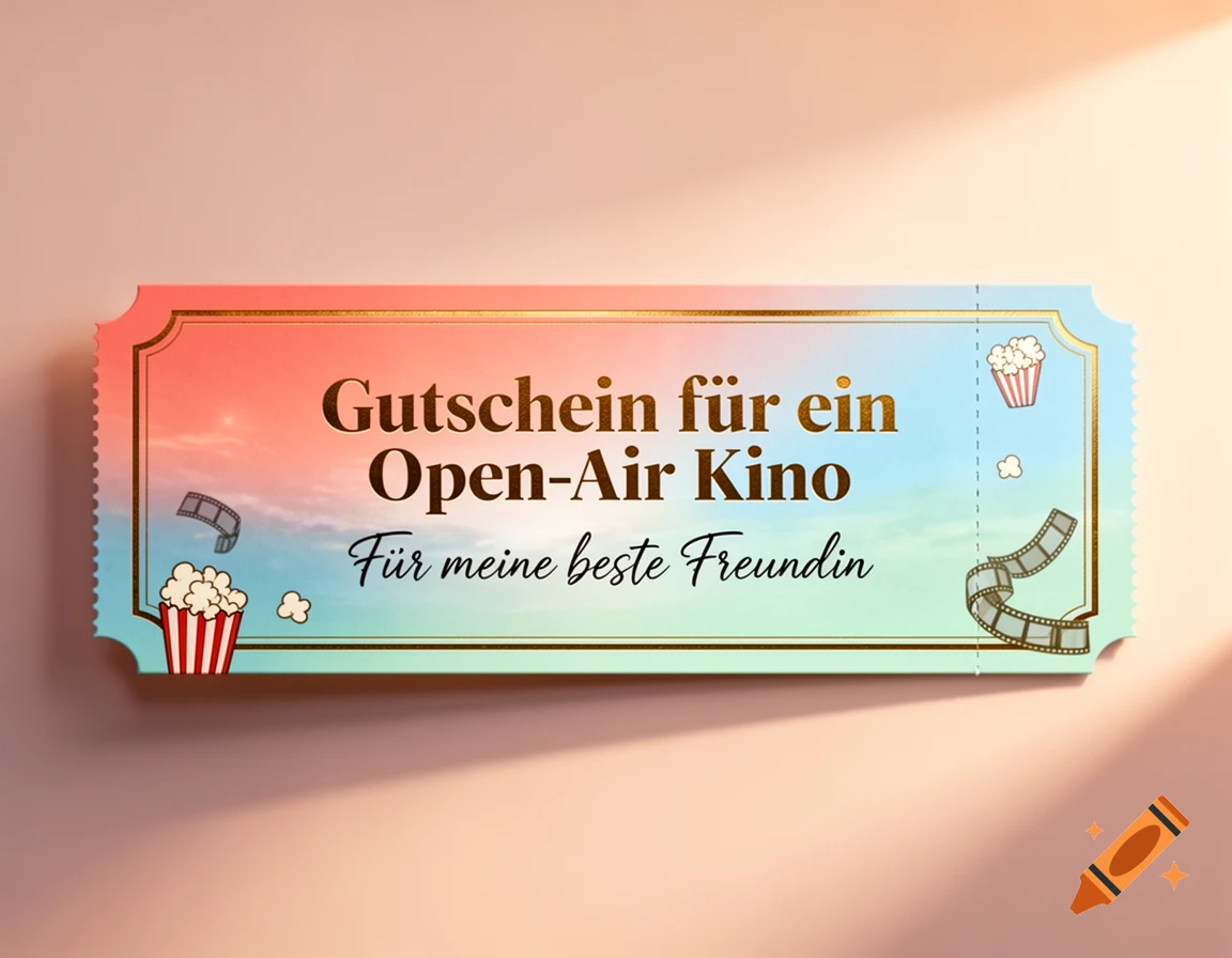 A colorful open-air cinema voucher with a pink and blue gradient background, golden borders, popcorn buckets, and film strips. German text reads 'Gutschein für ein Open-Air Kino Für meine beste Freundin'.
