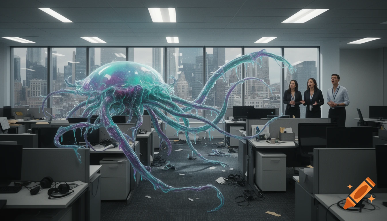 A large, glowing blue and purple alien organism with tentacles dominates a messy office as three people look on in surprise.