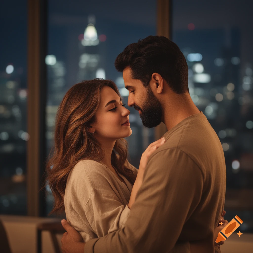 A romantic couple embraces by a window overlooking a city skyline at night, looking intimately at each other.