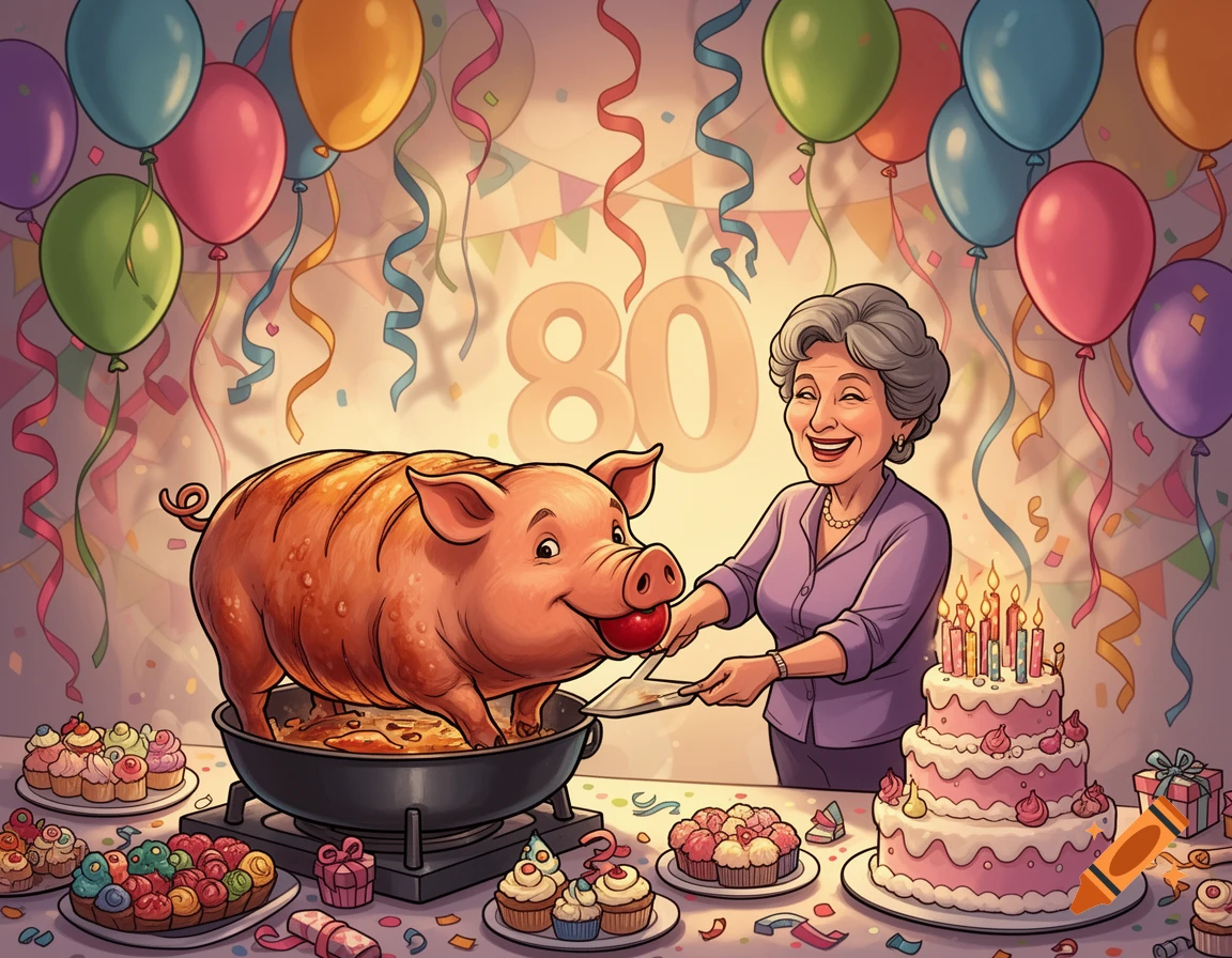A cartoon woman serves a roasted pig with an apple in its mouth, surrounded by balloons, cake, and party decorations for an 80th birthday.
