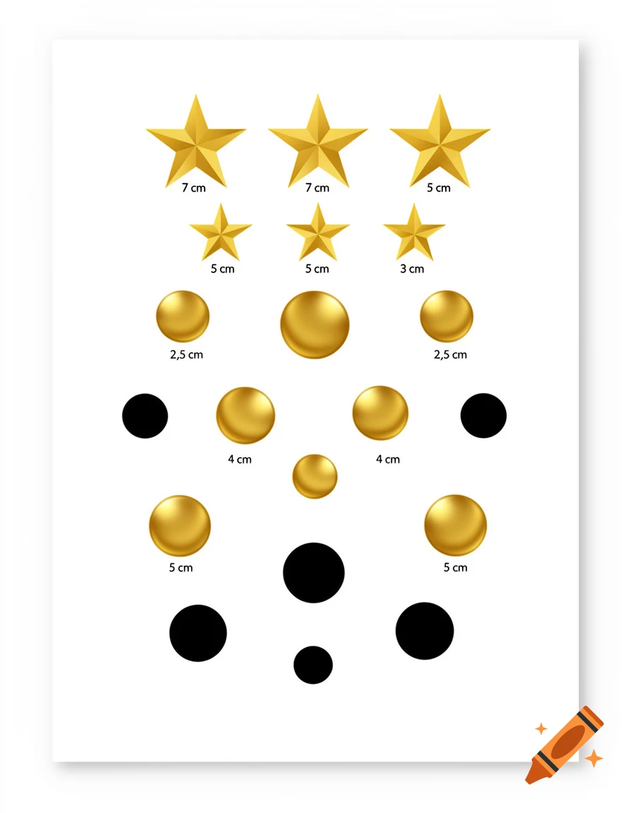 A white sheet with rows of golden stars, golden spheres, and black spheres, each with text labels indicating their sizes in centimeters.