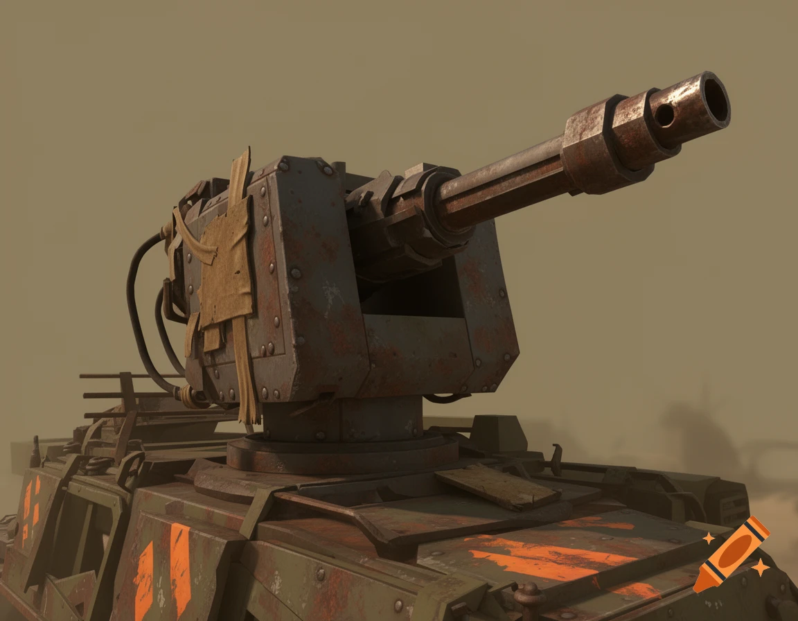 Rusty post-apocalyptic vehicle turret weapon with fabric scraps, rendered as a detailed 3D game asset against a desolated background.