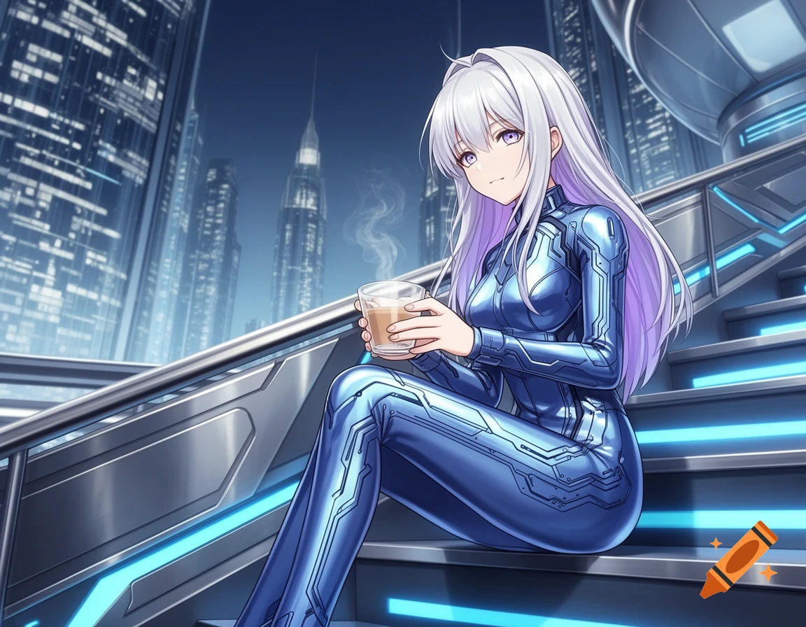 Anime-style silver-haired girl in a blue futuristic suit sits on glowing stairs, sipping coffee in a sci-fi city.