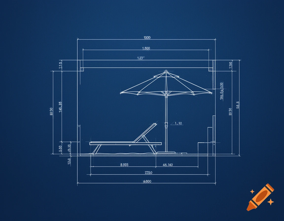 Blueprint of a lounge chair and sun umbrella with dimensions on a dark blue background.