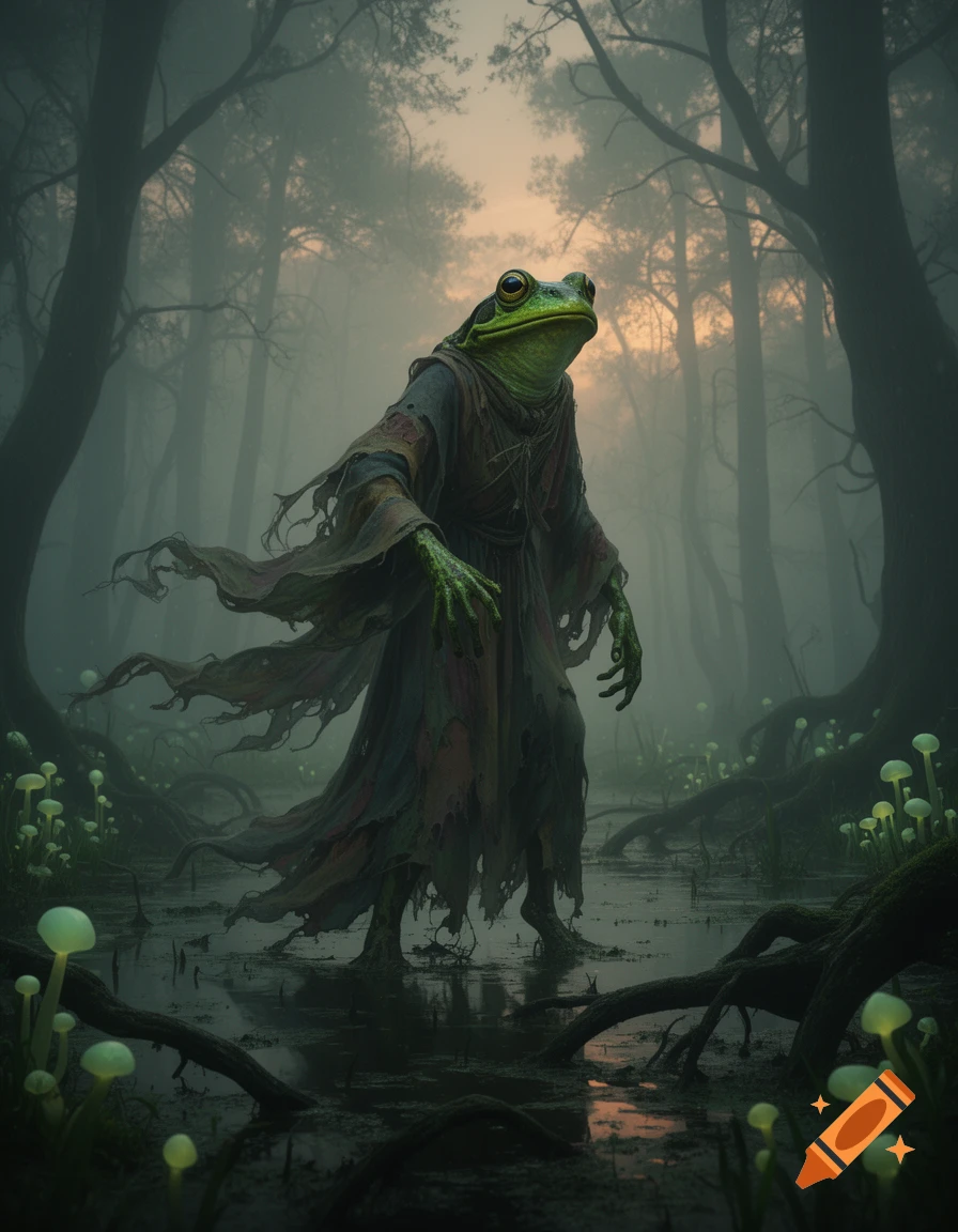 A tall, lanky frogman witch in billowy, tattered robes stands in a misty swamp with glowing mushrooms and trees at sunset.