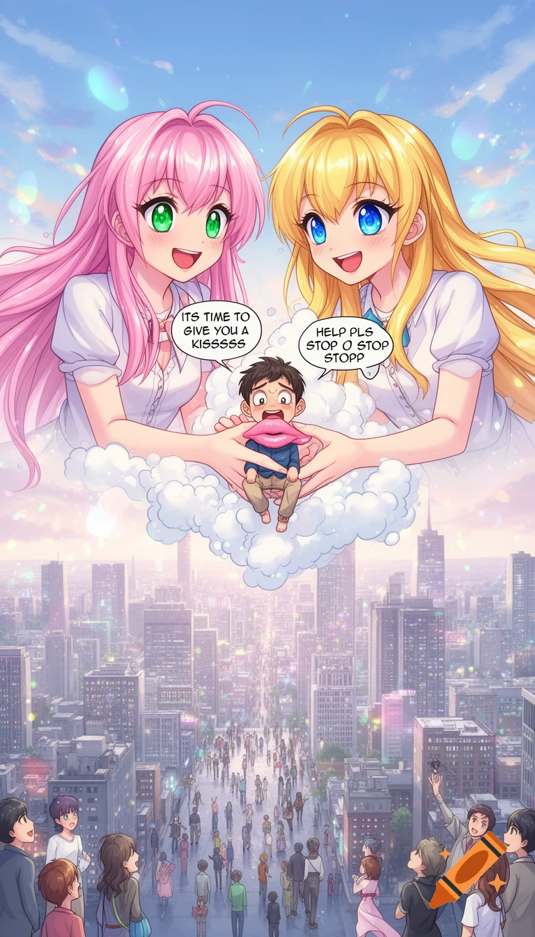 Two giant anime girls with pink and blonde hair hold a tiny man in the clouds above a city, preparing to kiss him. He cries for help as the city crowds look up.