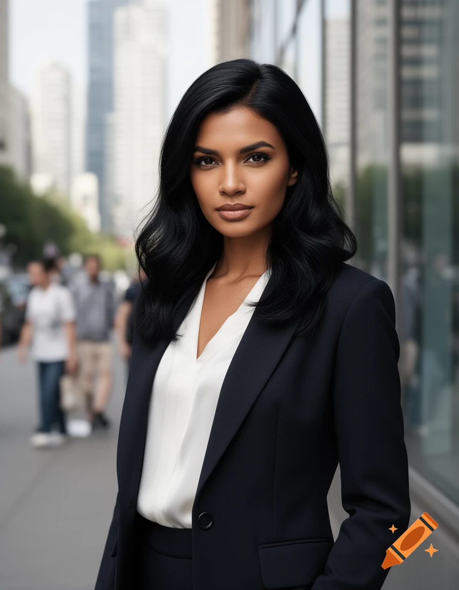 A photorealistic portrait of a dark-haired woman in a dark suit and white blouse, standing on a city street.