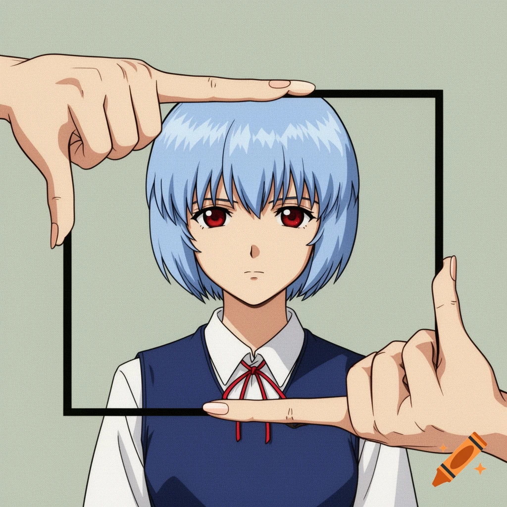 Anime portrait of Rei Ayanami with pale blue hair and red eyes, wearing a school uniform, framed by two hands in the foreground.