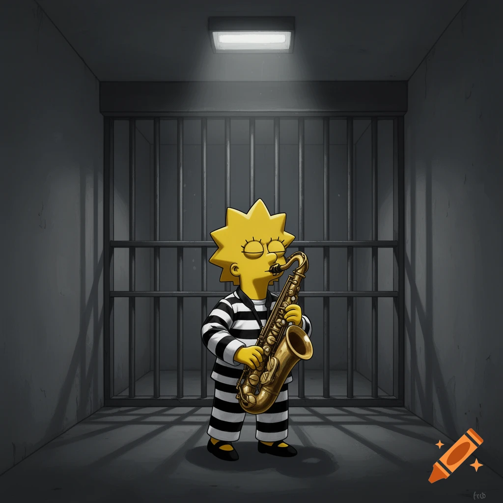 Cartoon Lisa Simpson in a black and white striped prisoner uniform playing her saxophone in a dimly lit jail cell.