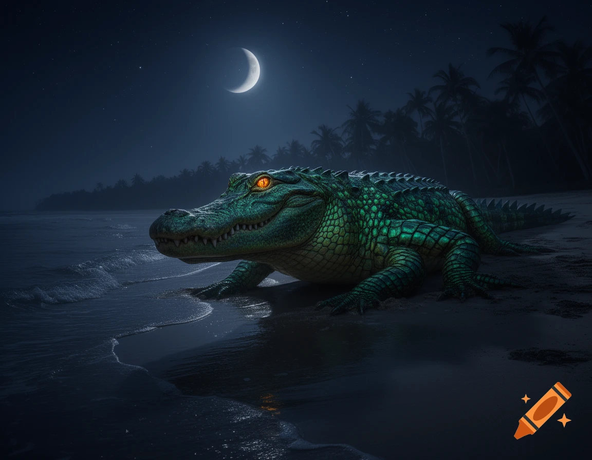 A powerful green alligator with glowing orange eyes rests on a dark beach under a crescent moon, with silhouetted palm trees.