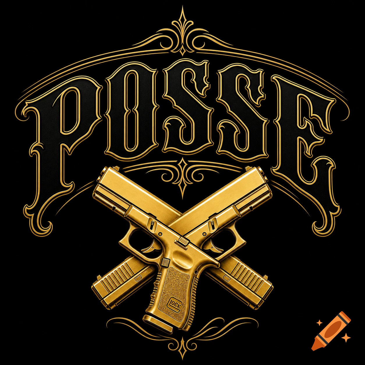Stylized gold and black design with two crossed gold Glocks below ornate text spelling 'POSSE' framed by pinstripes.