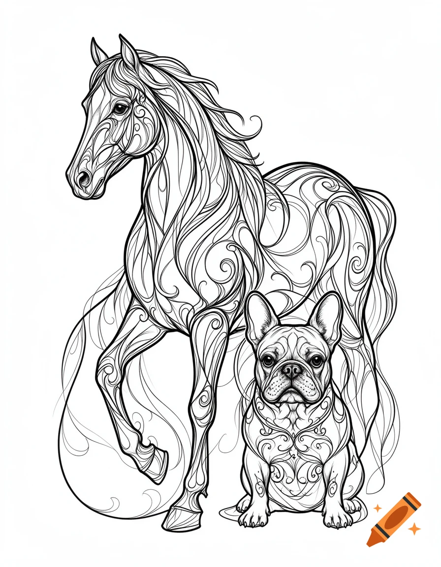 Intricate black line art of a filigree horse standing next to a sitting French bulldog on a white background.
