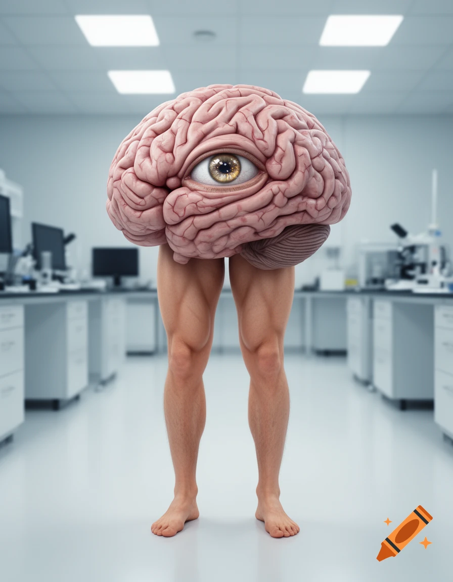A large brain with a single eye embedded, standing on muscular human legs in a sterile laboratory setting.