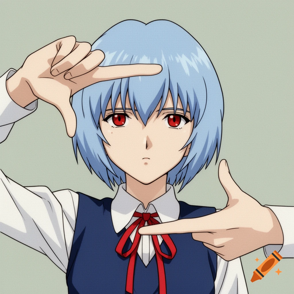 Close-up anime portrait of Rei Ayanami with short blue hair and red eyes, wearing a school uniform, framing her face with her hands.