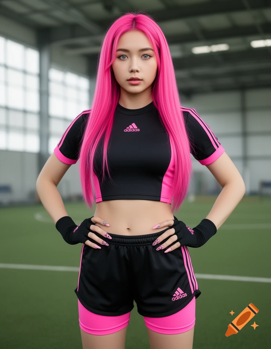 A woman with long pink hair and grey eyes wearing a black and pink Adidas crop top and shorts, posing on a green sports field.