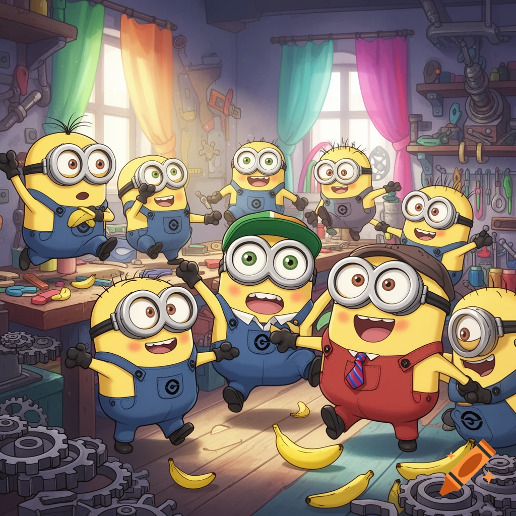 Many cheerful Minions in a colorful workshop filled with tools and gears, with bananas on the wooden floor.