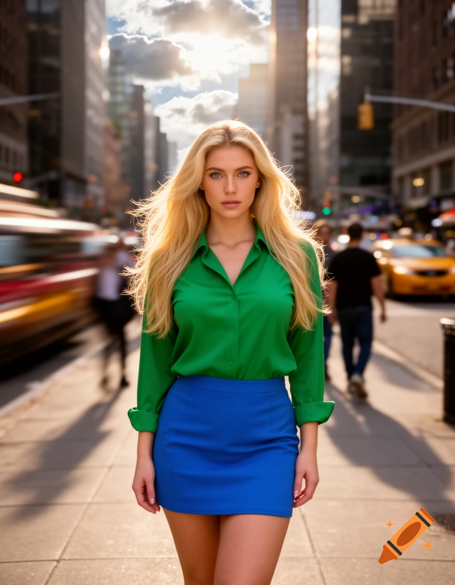 A beautiful blonde woman in a green shirt and blue mini skirt walks on a city sidewalk, with blurred traffic and buildings behind her under a sunny sky.
