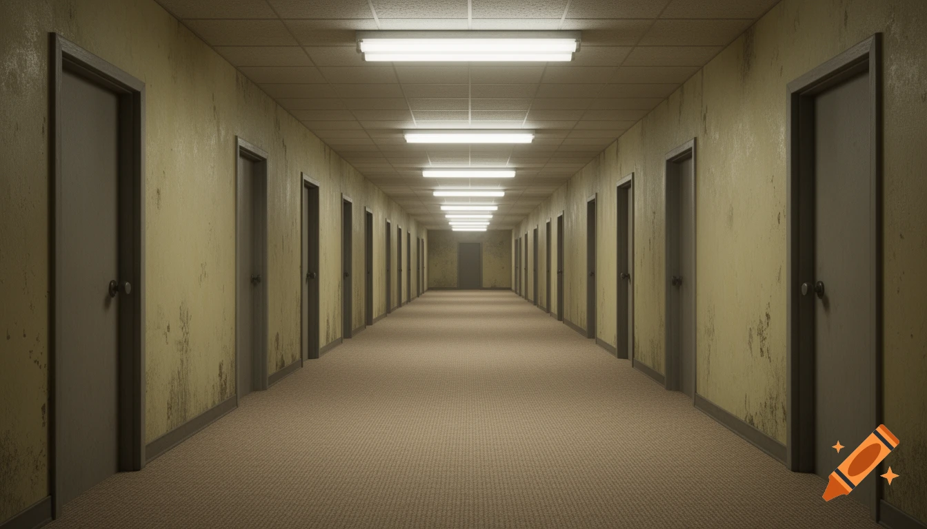 A long, empty, unsettling hallway with yellowed, textured walls, gray doors, brown carpet, and bright fluorescent lights overhead.