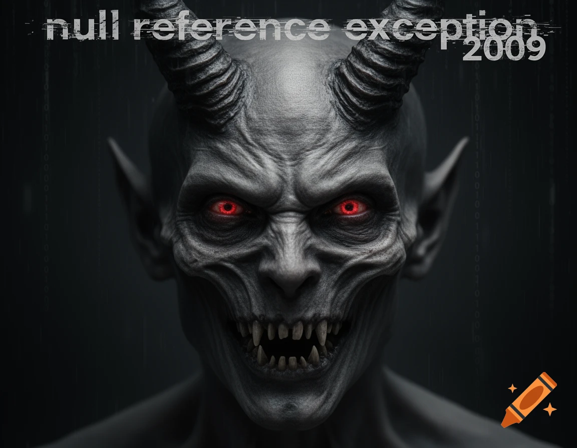 A close-up of a scary, grey demon face with horns, red eyes, fangs, and the text 'null reference exception 2009' over a dark, digital background.