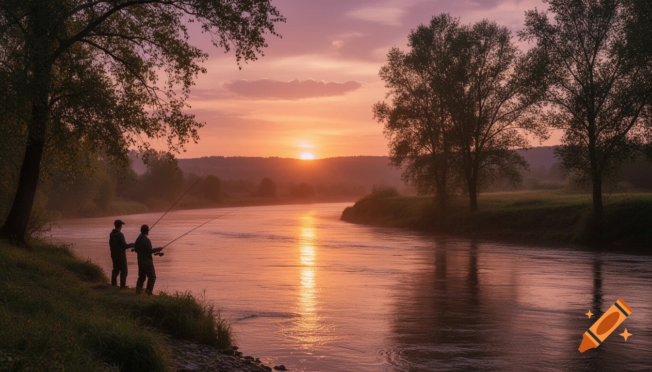 Two anglers fish in a wide river at sunset, with golden light reflecting on the water and trees silhouetted on the banks.