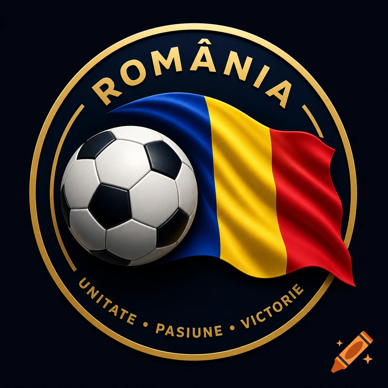 Professional logo with a soccer ball, waving Romanian flag, and gold text 'ROM ÂNIA' and 'UNITATE • PASIUNE • VICTORIE' on a dark background.