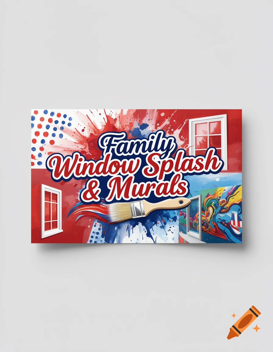 Business card design for 'Family Window Splash & Murals' with red, white, and blue paint splashes, windows, and a paintbrush.