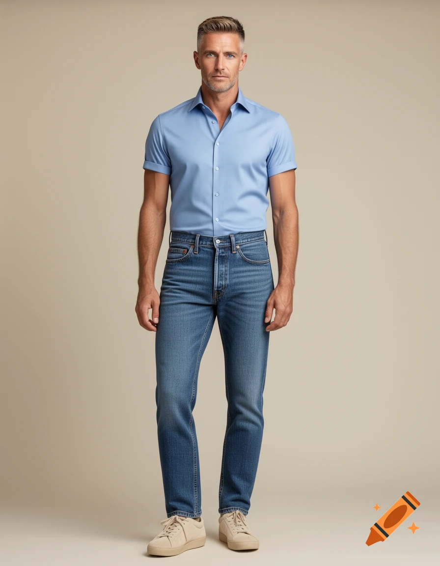 Photorealistic full-body portrait of a man with short grey-streaked hair, wearing a light blue short-sleeved shirt, classic jeans, and beige sneakers.