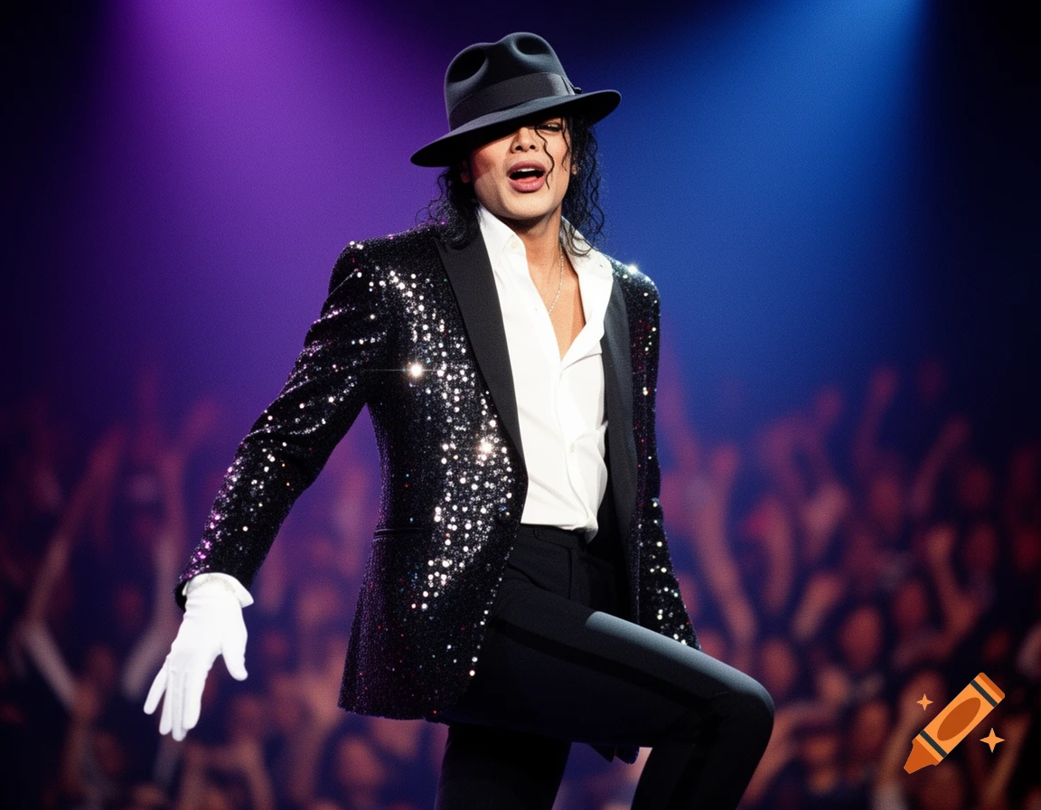 Michael Jackson in a black sequined jacket, fedora, and white glove, singing on a stage with purple and blue lights.
