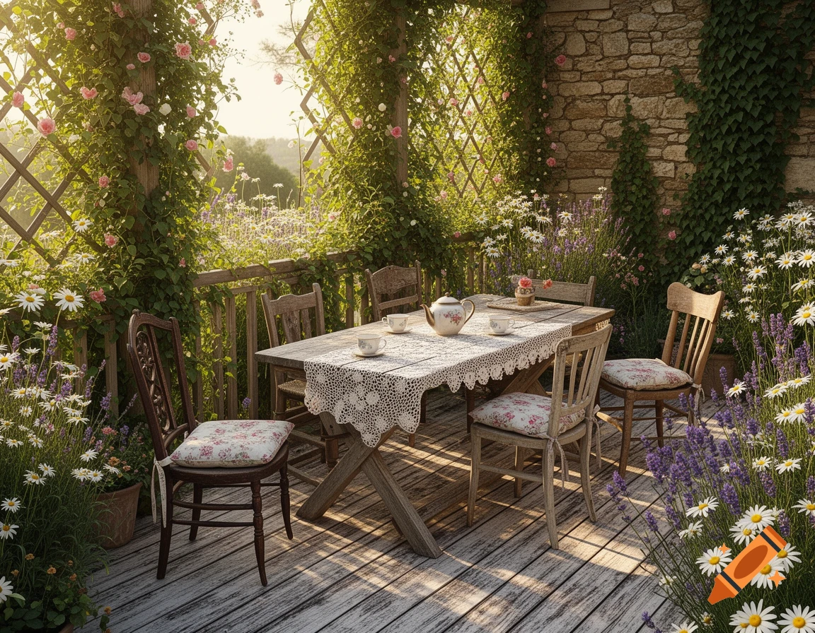 A picturesque cottagecore patio with a wooden table, chairs, tea set, and floral cushions, surrounded by climbing roses, daisies, and lavender in soft sunlight.