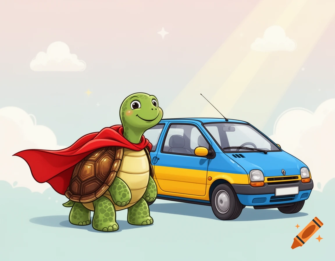 A cartoon turtle wearing a red superhero cape stands proudly next to a blue and yellow classic 90s Renault Twingo car, against a simple, cheerful sky.