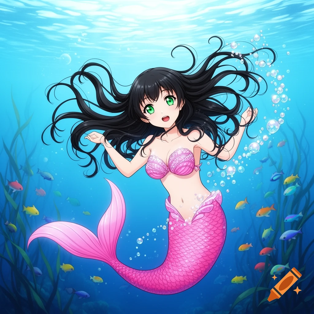An anime mermaid with black hair, green eyes, pink shell top, and a pink tail swims underwater with colorful fish and bubbles.