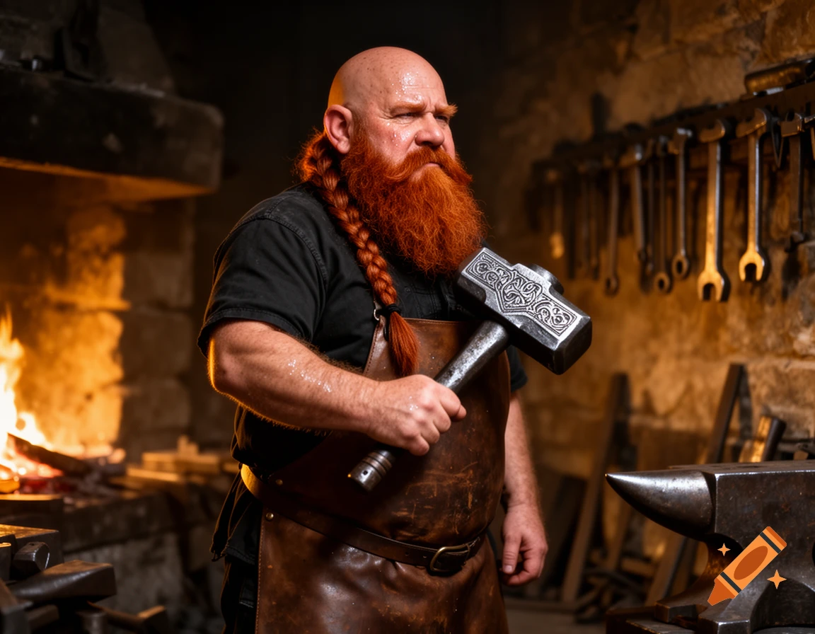 A bald red-bearded dwarf blacksmith in a leather apron holds an ornate hammer in a glowing forge.
