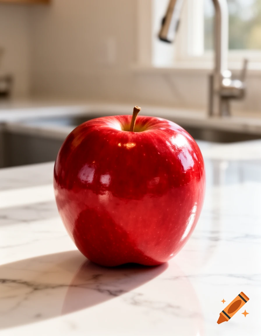 A glossy red apple sits on a sunlit white marble kitchen counter, with a blurred faucet and window in the background.