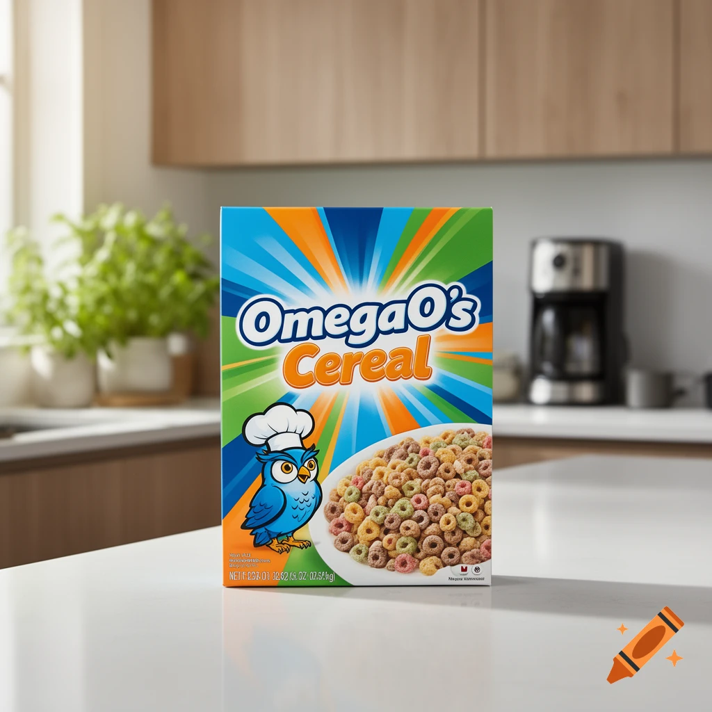 A photorealistic image of an OmegaO's Cereal box with a cartoon owl mascot and colorful O-shaped cereal, on a white countertop in a modern kitchen.