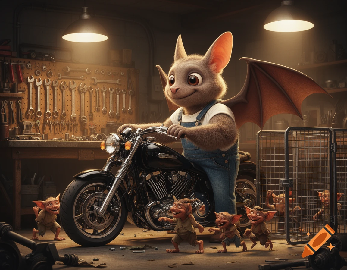 A friendly cartoon bat in overalls sits on a black motorcycle in a garage, smiling as small gremlins scurry away and are locked in a cage.