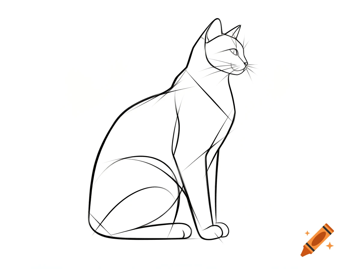 A simple black line art drawing of a cat sitting upright, facing right, with geometric lines defining its abstract form.