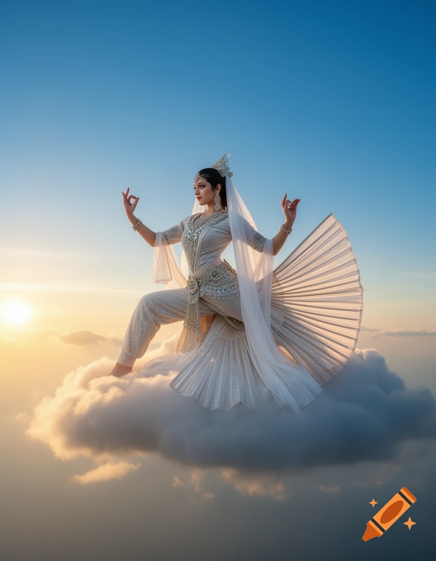 A beautifully adorned apsara in a white, ornate outfit sits on a cloud, with hands in mudras, against a sunset sky.