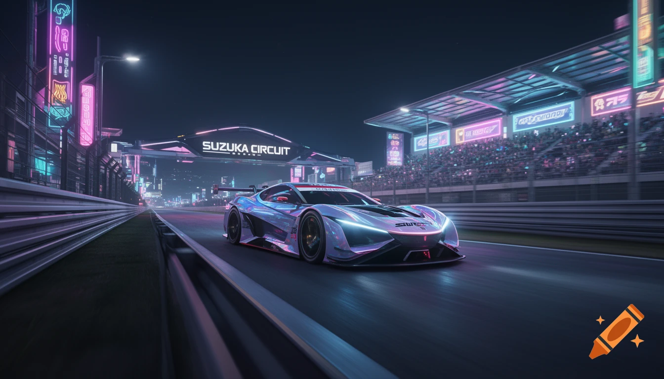 A futuristic cyberpunk race car with neon lights speeding on Suzuka circuit at night, with illuminated stands and city lights.