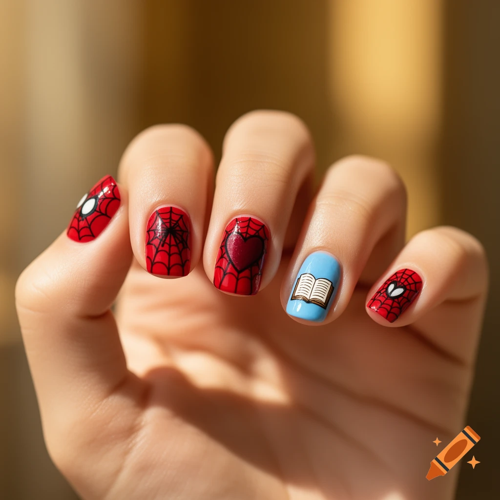 Close-up of a hand with nail art featuring red spider webs, Spiderman eyes, a heart, and an open book on a blue nail.