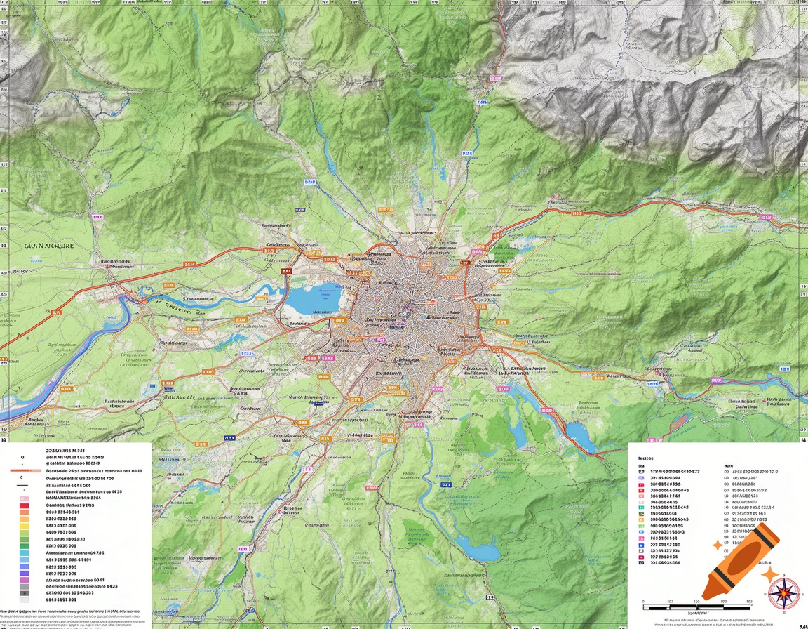 A detailed, colorful topographic map of a fictional mountainous region with rivers, lakes, roads, towns, and a legend.